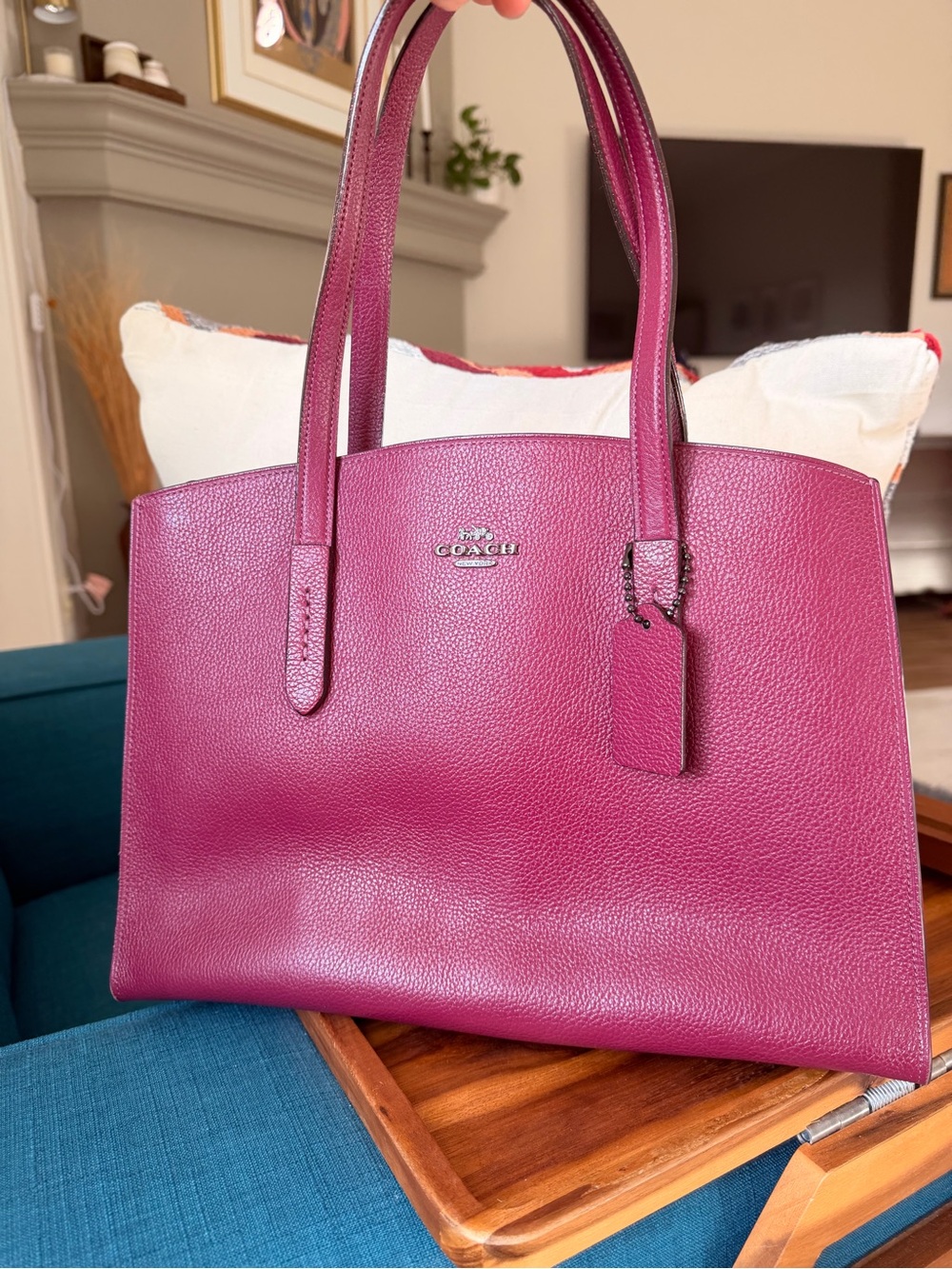 Coach 25137 Charlie Carryall Dark Berry Pebble Leather Shoulder Bag